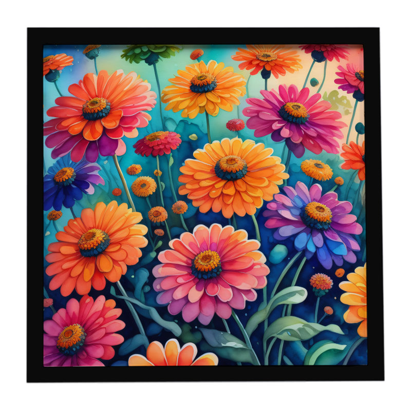 Colorful Zinnias Framed Metal Print