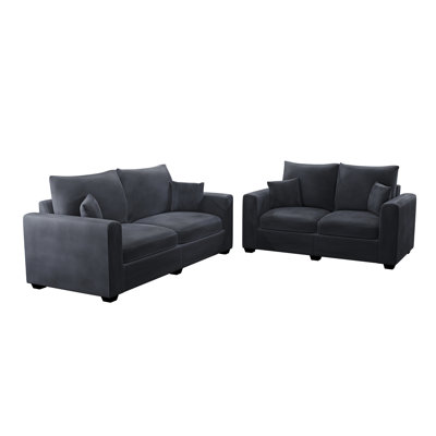 Moderne 2 pièces en gris foncé, revêtement en velours côtelé, accoudoirs carrés, dossier rembourré et 2 coussins décoratifs assortis en velours côtelé gris, pieds en bois pour le salon