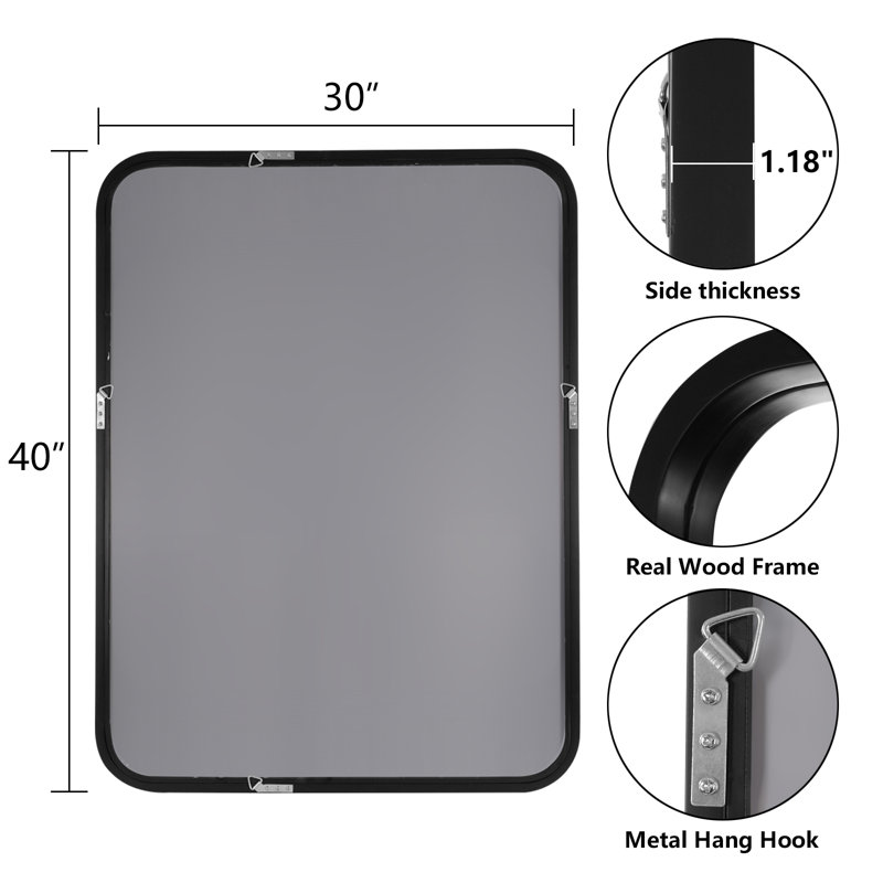 Sarwat Rectangle Wood Wall Mirror for Bathroom Bedroom, Black, 40" x 30"