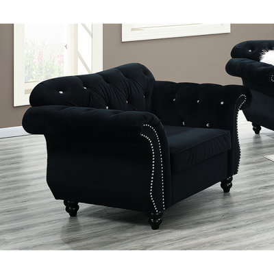 Fauteuil d'appoint traditionnel de luxe en velours noir, orné de cristaux sur l'assise et de clous décoratifs argentés, 1 pièce avec coussins, 130 cm (L) x 86 cm (l) x 94 cm (H). Caractéristiques : style classique pour le salon, coussin inclus.