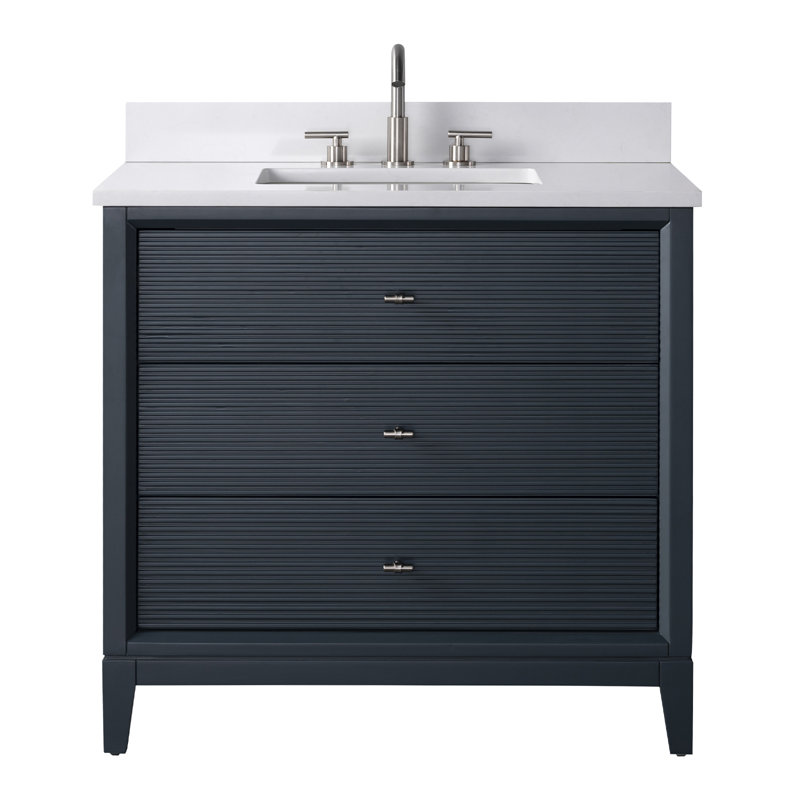 Meuble-lavabo autoportant à simple cuve 36 po avec plateau en marbre Caldwell, Blanc Ariston, Bleu épinette rétro