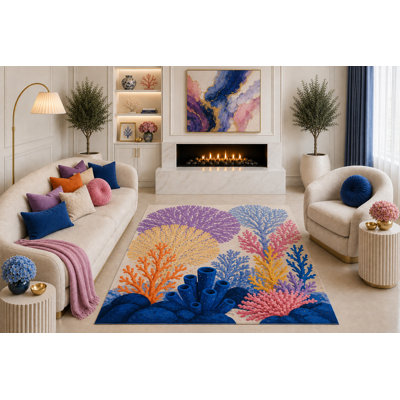 Tapis de jardin corail coloré «Ultra Léger» 5 pi x 7 pi, art botanique bleu mauve, rose, côtier, océan, pour le salon, la chambre, la maison de plage, le revers en silicone antidérapant