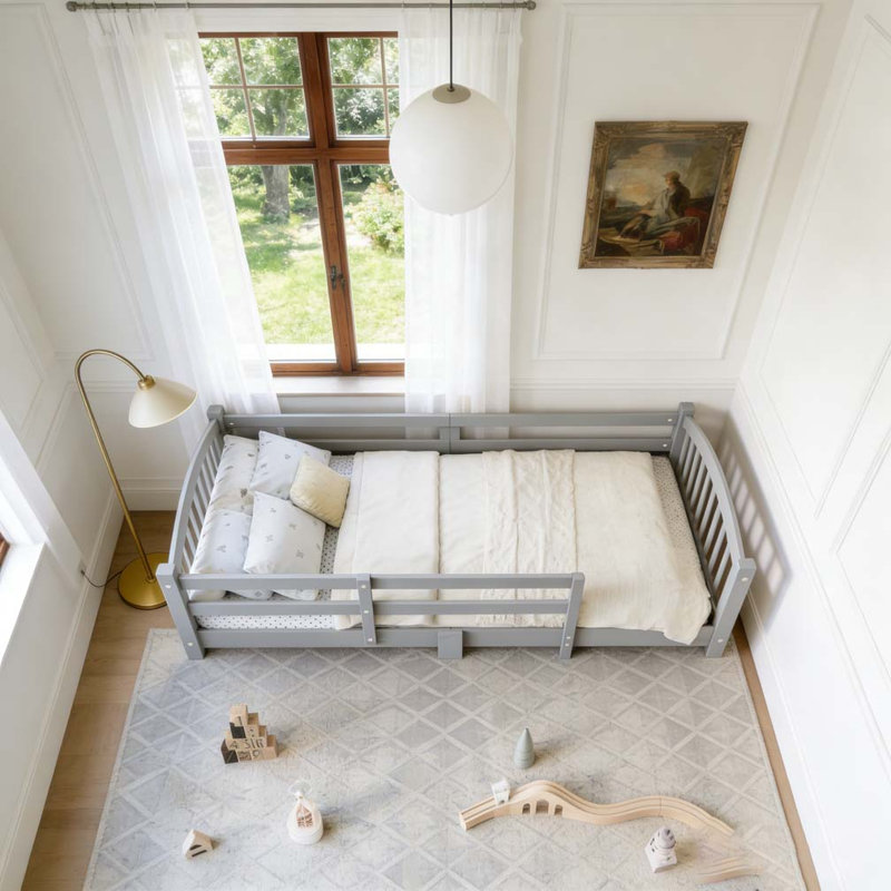 Lit simple Montessori avec lattes et barrières de sécurité,, Gris, Lit simple