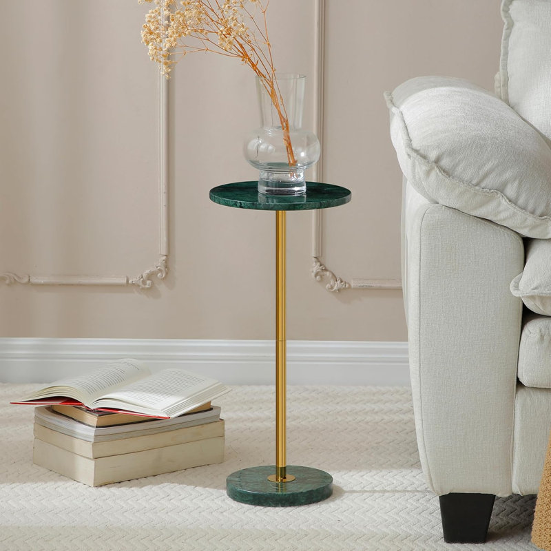 Modern Marble Pedestal Drink Table With Weighted Base, Compact Accent Side Table For Living Room, Bedroom, Or Small Spaces