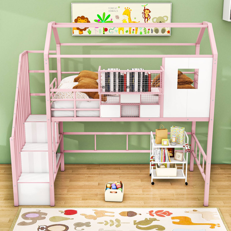 Twin Metal Loft Bed With Shelves And Storage Box, Roof Design, Pink