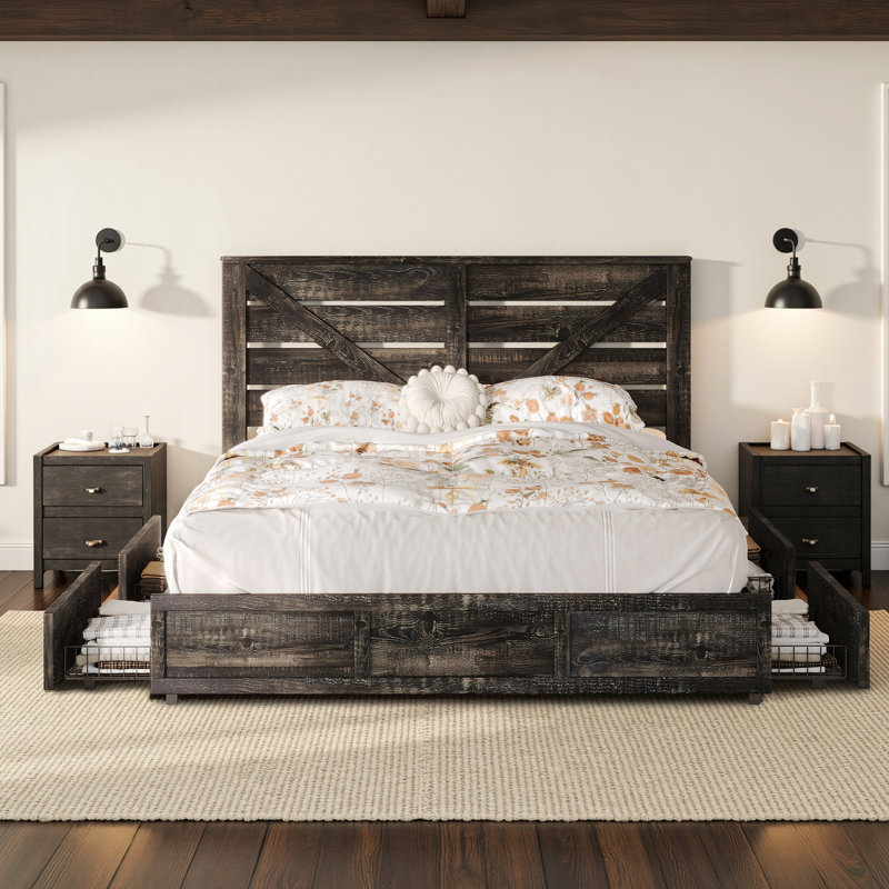 Oceant Farmhouse Queen Size Bed Frame with 4 Drawers, Black, Black, Queen