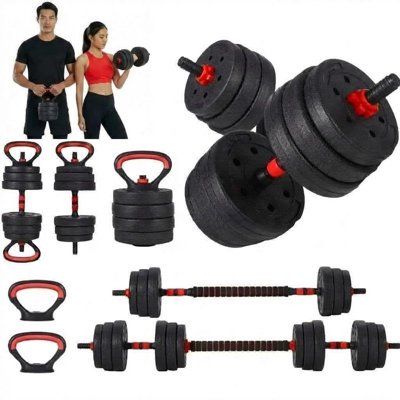 Ensemble d'haltères réglables 5-en-1 - se transforme en haltères, kettlebell et support à pousser pour la gymnastique à domicile, la musculation peu encombrante, noir et rouge