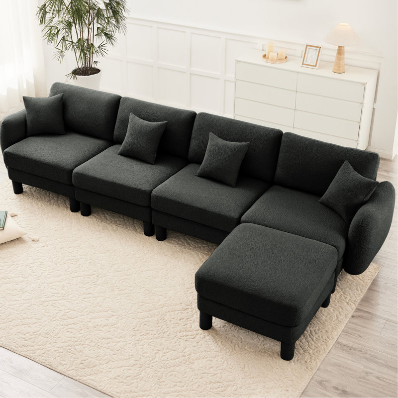 Canapé modulaire 4 places en tissu bouclé gris foncé avec pieds en forme de coquillage modernes, amovibles et souples, offrant un soutien confortable