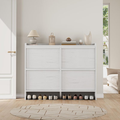 Modern Minimalist Wooden Shoe Storage Cabinet, Slim Flip-Down Shoe Organizer with Adjustable Shelves & Anti-Tip Safety, Narrow Entryway Furniture for Hallway, 4-Tier White