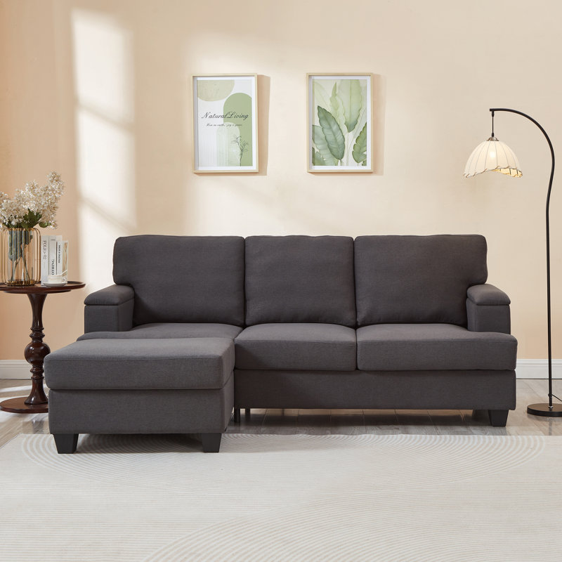 86" Linen Upholstered Sofa with a Movable Storage Ottoman, Underseat Storage and 2 Flip-up Armrests, Dark Gray