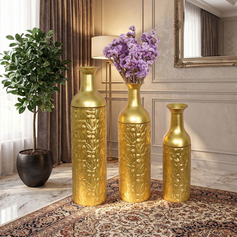 Ensemble de 3 vases de sol décoratifs en métal, or, Or - floral