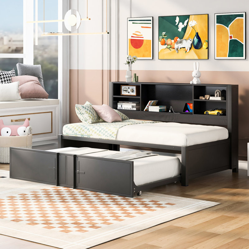 Lit de jour simple en métal noir avec lit gigogne, rangement, ports, tablettes de rangement