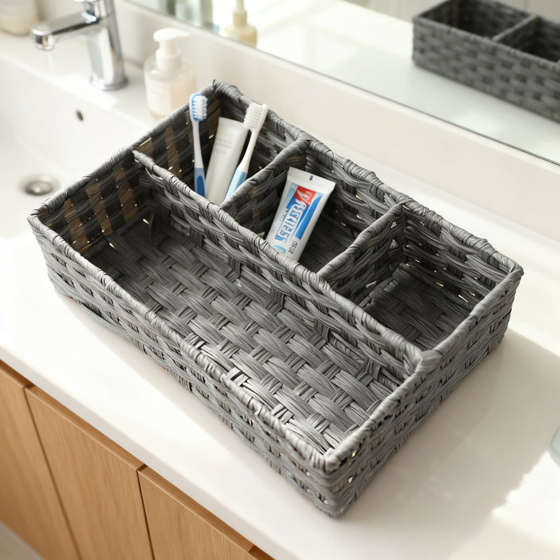 Woven Storage Basket With Handle And Internal Metal Frame, Multi-Compartment Organizer For Bathroom Counter, Shelf, Or Cabinet