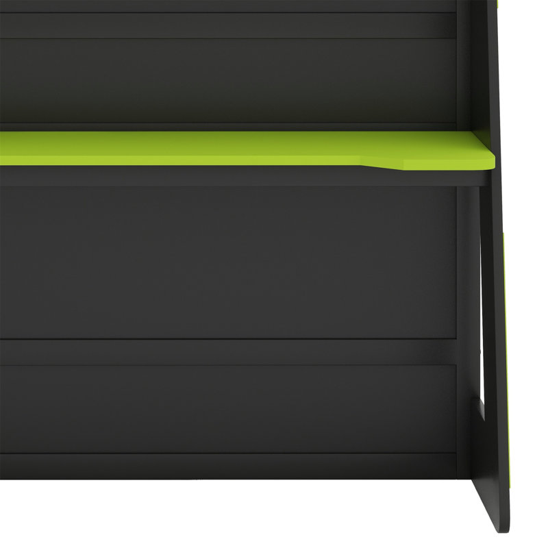 Lit mezzanine en bois avec bureau, tablettes multiples et lumière RVB, Vert / noir