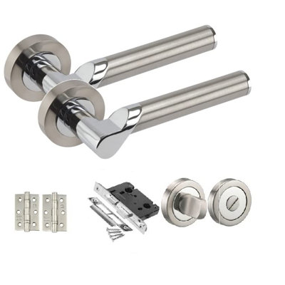 Golden Grace Titan Design Modern Bathroom Door Handle in Duo Chrome Finish with Thumbturn & Bathroom Mortise Lock
