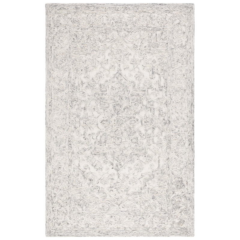 Ivory and Charcoal Tufted Wool Silk Area Rug 8'x10'