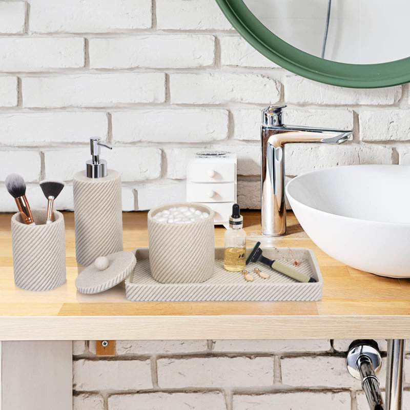 Ensemble d'accessoires de salle de bain beige 4 pièces - Porte-brosse à dents, distributeur de savon à lotion, distributeur de support Qtip, plateau de rangement pour meuble-lavabo de comptoir