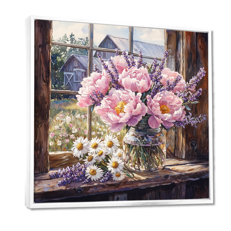 Blush pivoine et lavande Mix III - Bouquets assortis pour salon, Impression encadrée flottante, H 30 po x l 30 po, Blanc