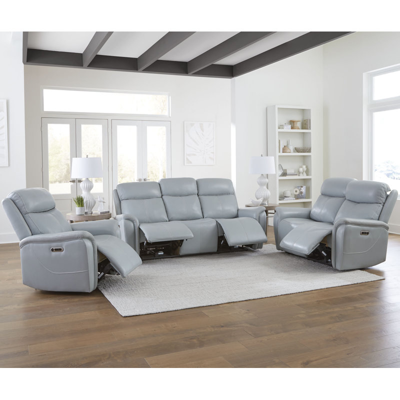 Allysia Power Reclining Sofa Loveseat And Recliner, Seamist Grey