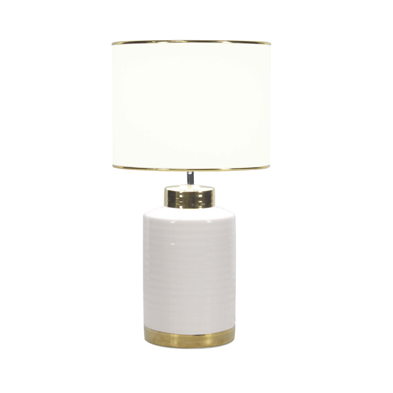 Gold Trim White Ceramic Cylindrical Nightstand Lamp