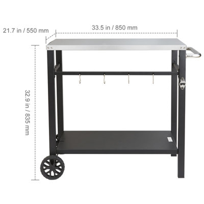 35.43" Black Iron Outdoor Grill Cart, Stainless Steel Top, Double-Shelf Prep Table with 2 Wheels & Carry Handle for BBQ Pizza Oven