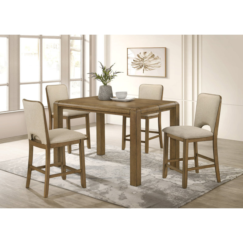 Ensemble de salle à manger 5 pièces avec table haute extensible de 45 cm, plateau rectangulaire style planches, chaises rembourrées et capitonnées, mobilier de salon en bois
