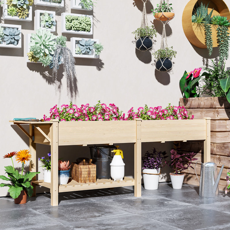 Raised Garden Bed, Elevated Wood Planter Box w/ Foldable Side Table and Bottom Shelf, Raised Planter w/ Bed Liners, Drainage Holes, 81.5 x 23 x 30.5 in, Natural