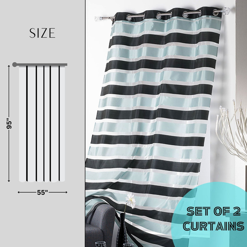 Black and Blue Gray Striped Polyester Sheer Grommet Curtain Panels, 95 x 55 Inches