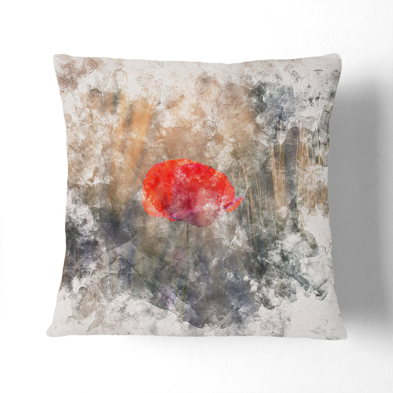 Poppy Flower Watercolour Cushion with Filling, 40cm H x 40cm W x 15cm D, Black