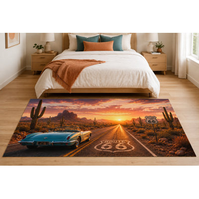 Tapis « Ultra Fin » 152 x 213 cm Route 66 Convertible Desert Sunset pour chambre d'enfant, chambre à coucher, salon et bureau à domicile, moquette douce à poils courts avec envers antidérapant en silicone