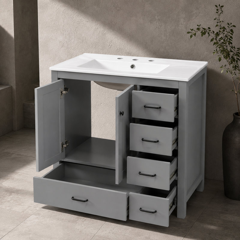 Meuble-lavabo gris avec lavabo en céramique, armoire autoportante de 92 cm (36,18 pouces) avec portes et tiroirs à fermeture amortie