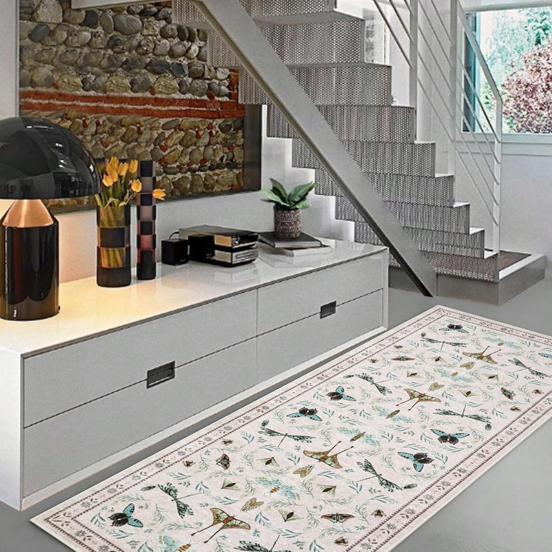 Insect Machine Washable Soft Area Rug for Living Room, Low Pile Non-Slip, Under Bed, Thin, 2'x6' Black Farmhouse Style.