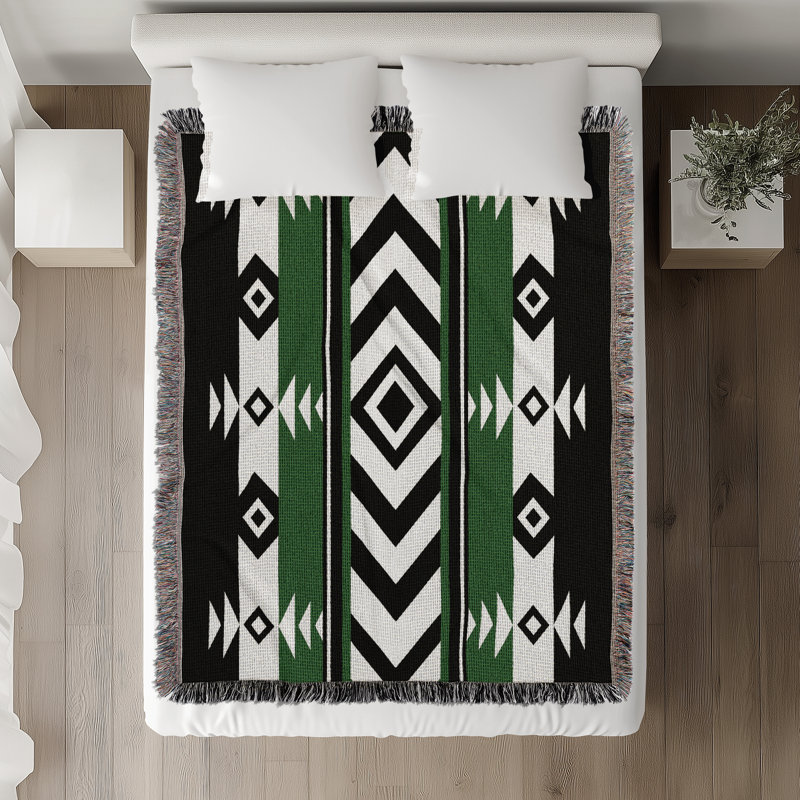 Couverture en mélange de coton Fika South Western, L 60 po x l 60 po, Vert / noir / blanc cassé