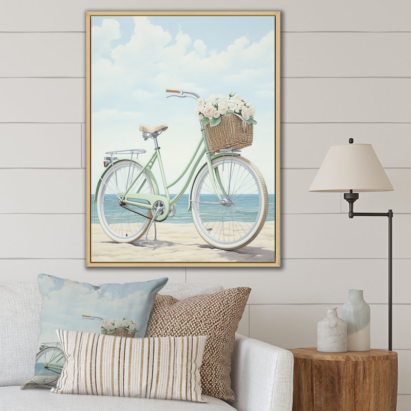 Vélo rétro bleu avec panier sur la plage sur toile, Cadre naturel flottant, H 32 po x l 24 po x P 1 po