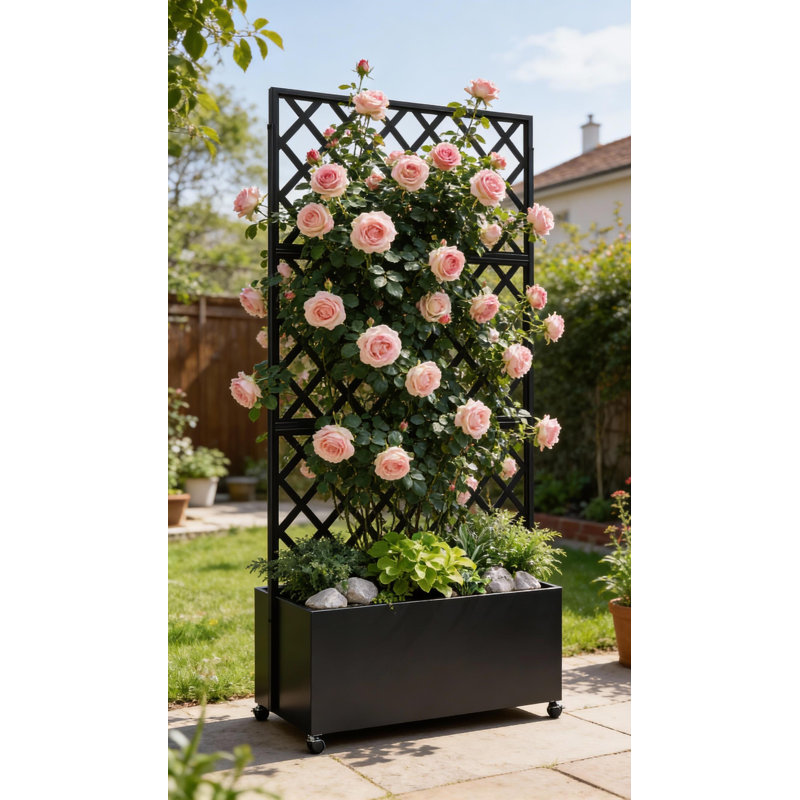 Lit de jardin surélevé en acier galvanisé avec treillis et écran d'intimité, H 70,87 po x l 46,06 po x P 15,75 po