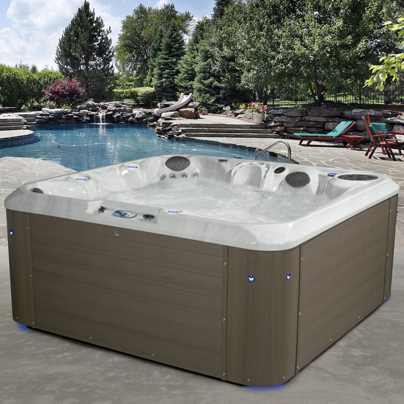 Amplified™ 6-Person 100-Jet Double-Lounger Hot Tub Spa with Bluetooth Stereo, 3 Pumps, LED Lighting, Ozonator and Steps