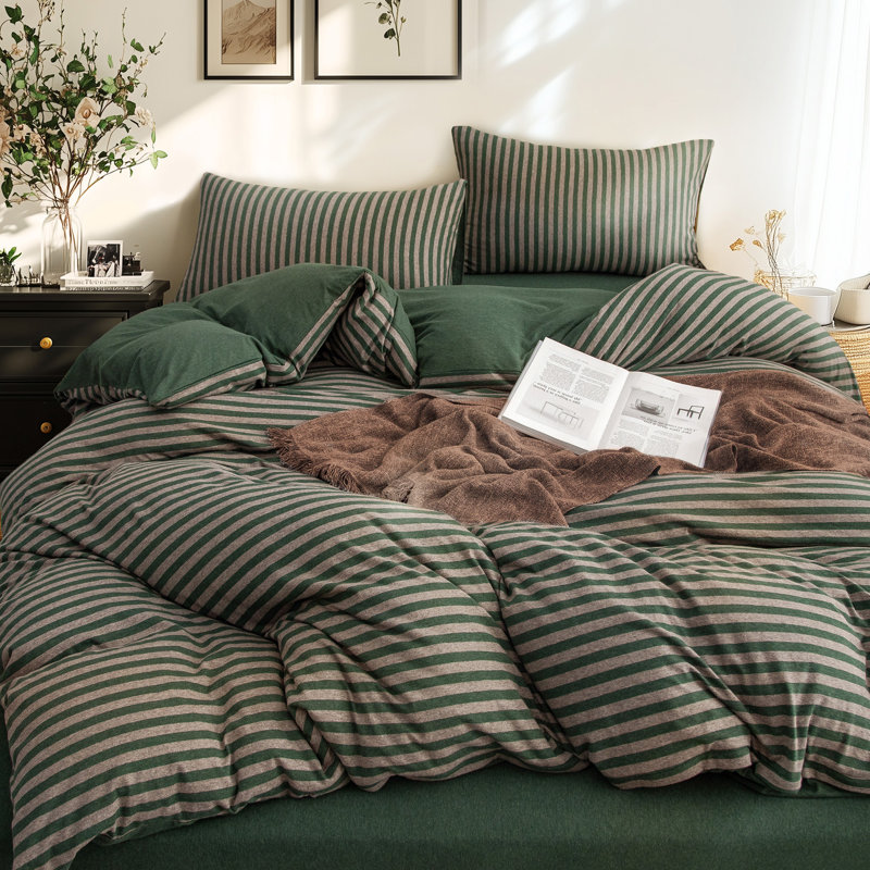 Jersey Cotton Set, Queen Duvet Cover + 2 Standard Shams, Green Striped