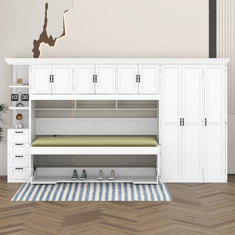Lit escamotable simple avec bureau, lit escamotable avec armoire de rangement et garde-robe, lit rabattable pour appartements et petits espaces