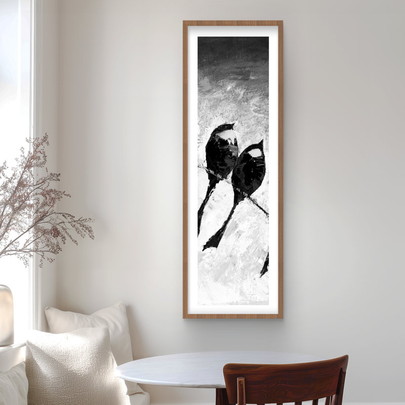 Five Birds Perched - Black & White Framed Matted Print Decor