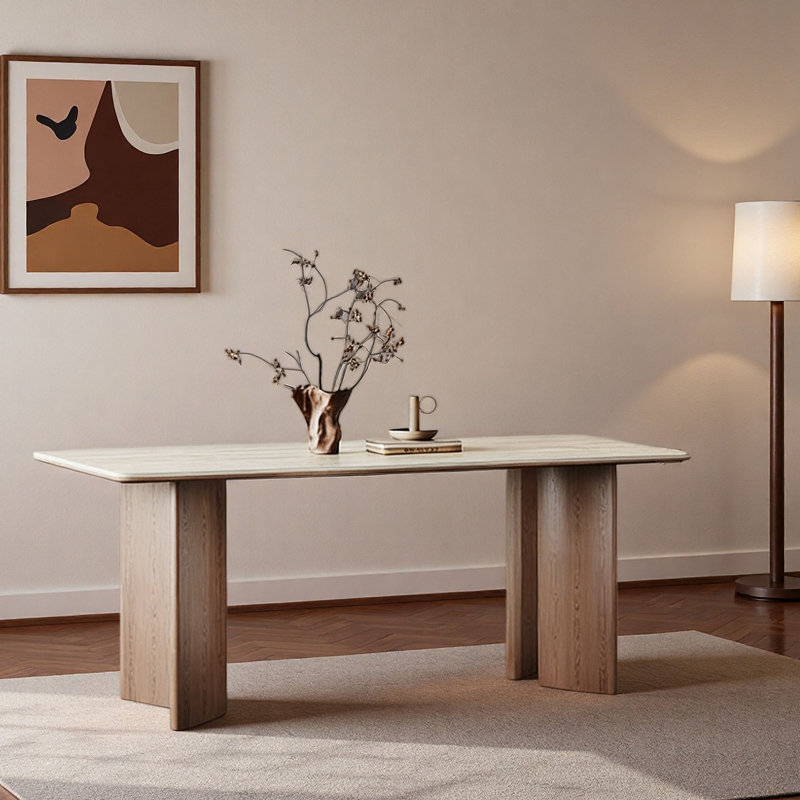 Table Mid-Century rectangulaire en bois et pierre, 29.5"H x 70.9"L x 35.4"W