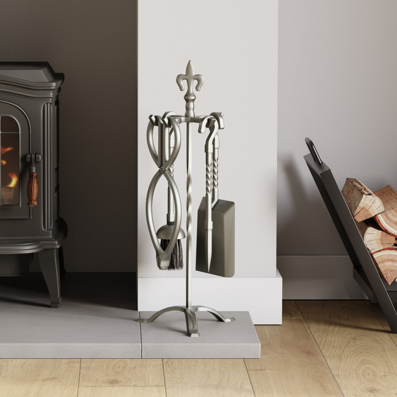 Vida Fleur-de-Lys Steel Fireplace Tool Set, Pewter