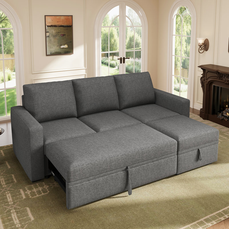 Canapé-lit modulaire en L Hoelscher avec rangement en polyester gris foncé, Polyester gris