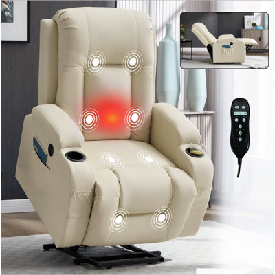 Fauteuil inclinable en polyuréthane PU à position infinie jusqu'à 350 lb pour les personnes âgées, mécanisme de mouvement robuste avec massage par vibration à 8 points et chauffage lombaire, port de charge USB, porte-gobelets