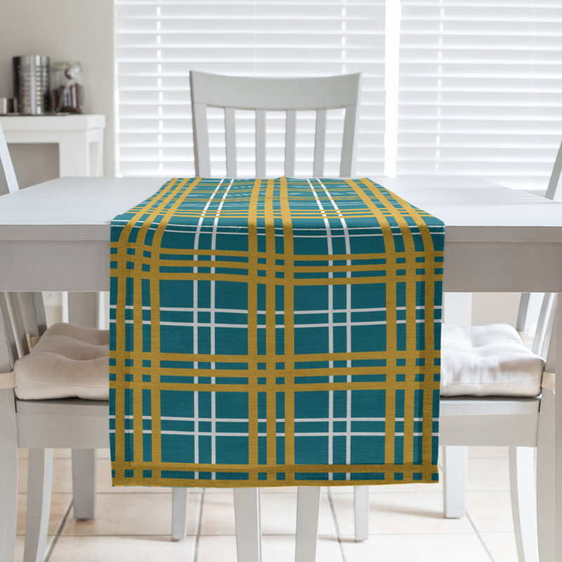 Paid Polyester Table Runner, 90" L x 16" W, Teal/White/Gold