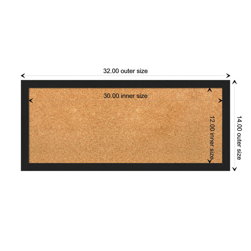 Natural Cork Bulletin Board with Black Plastic Frame, 14" x 32"