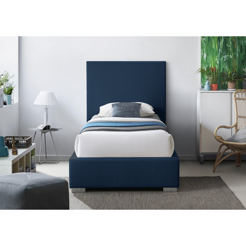 Crosby Solid Wood and Upholstered Platform Bed, Navy Linen Textured Fabric, Twin