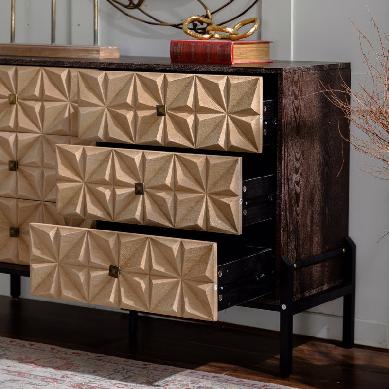 Buffet 48,21 "Mid-Century à 6 tiroirs - Bois massif et panneau de fibres à densité moyenne 3D