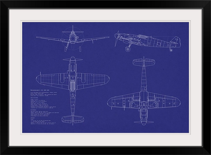 «Messerschmitt ME109 Blueprint» par Deschamps, impression, H 32 po x l 44 po x P 1 po, Cadre noir
