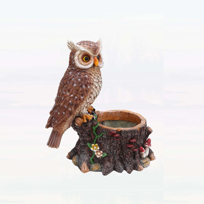 Sitting Owl with Tree Trunk Garden Planter - Rustic Polyresin Owl Figurine and Flower Pot Combo for Outdoor & Indoor Decor