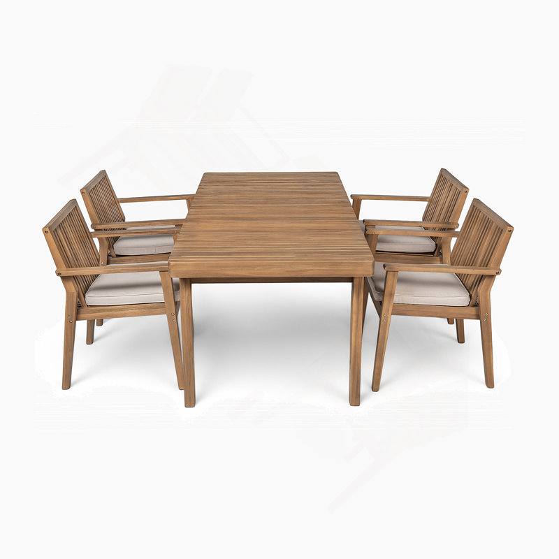 Ensemble de meubles de patio 5 pièces en bois d'acacia durable et 4 chaises rembourrées robustes, Brun
